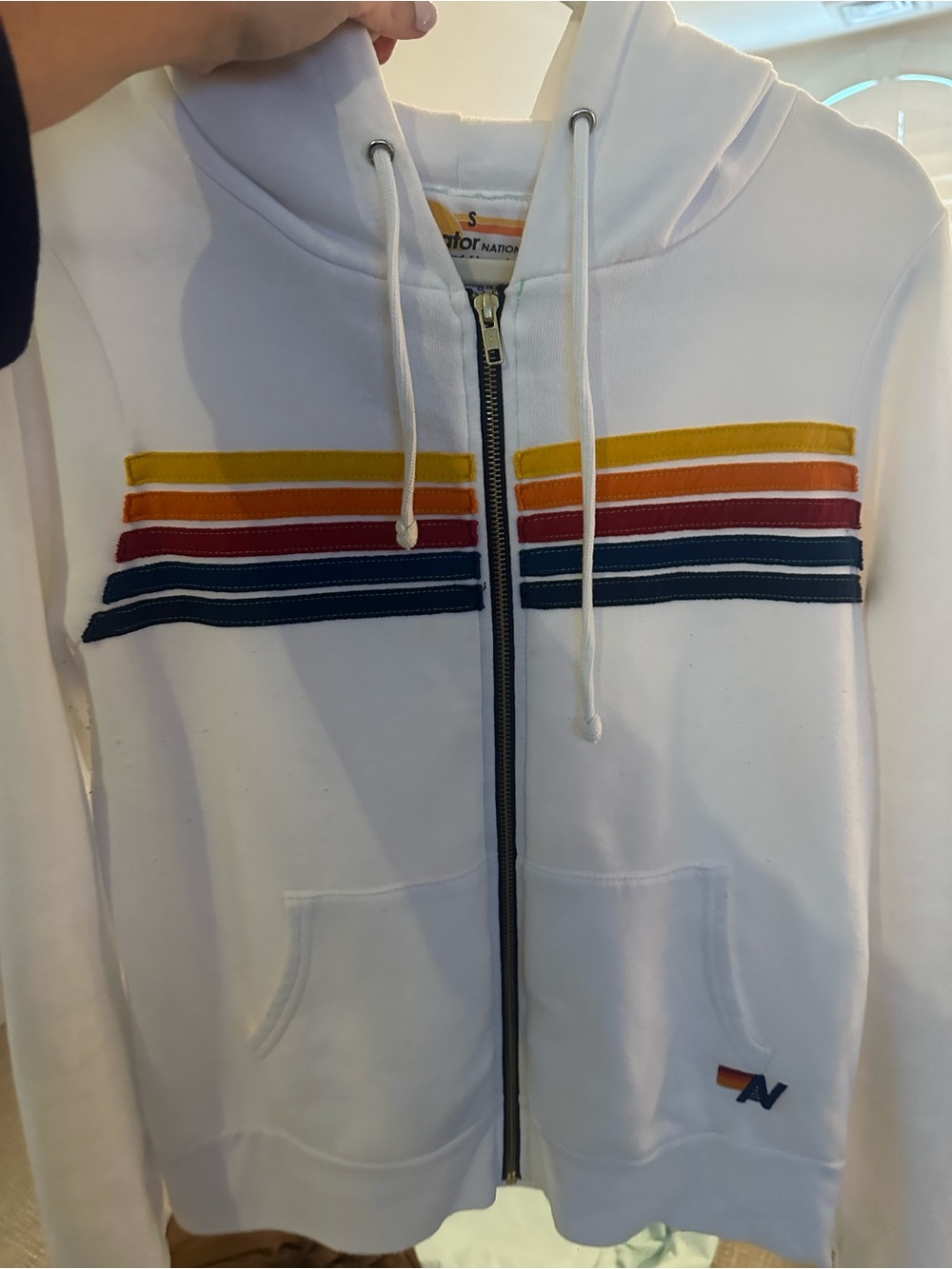 Aviator Nation White Zip Hoodie with Color Stripe Detail - Picture 2 of 3